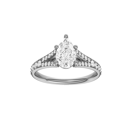 Pear-cut diamond engagement ring with a channel-set diamond band and solitaire setting.
