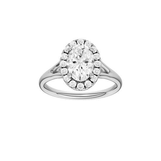 Oval-cut diamond engagement ring with a plain band and halo setting.