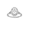Oval-cut diamond engagement ring with a plain band and halo setting.