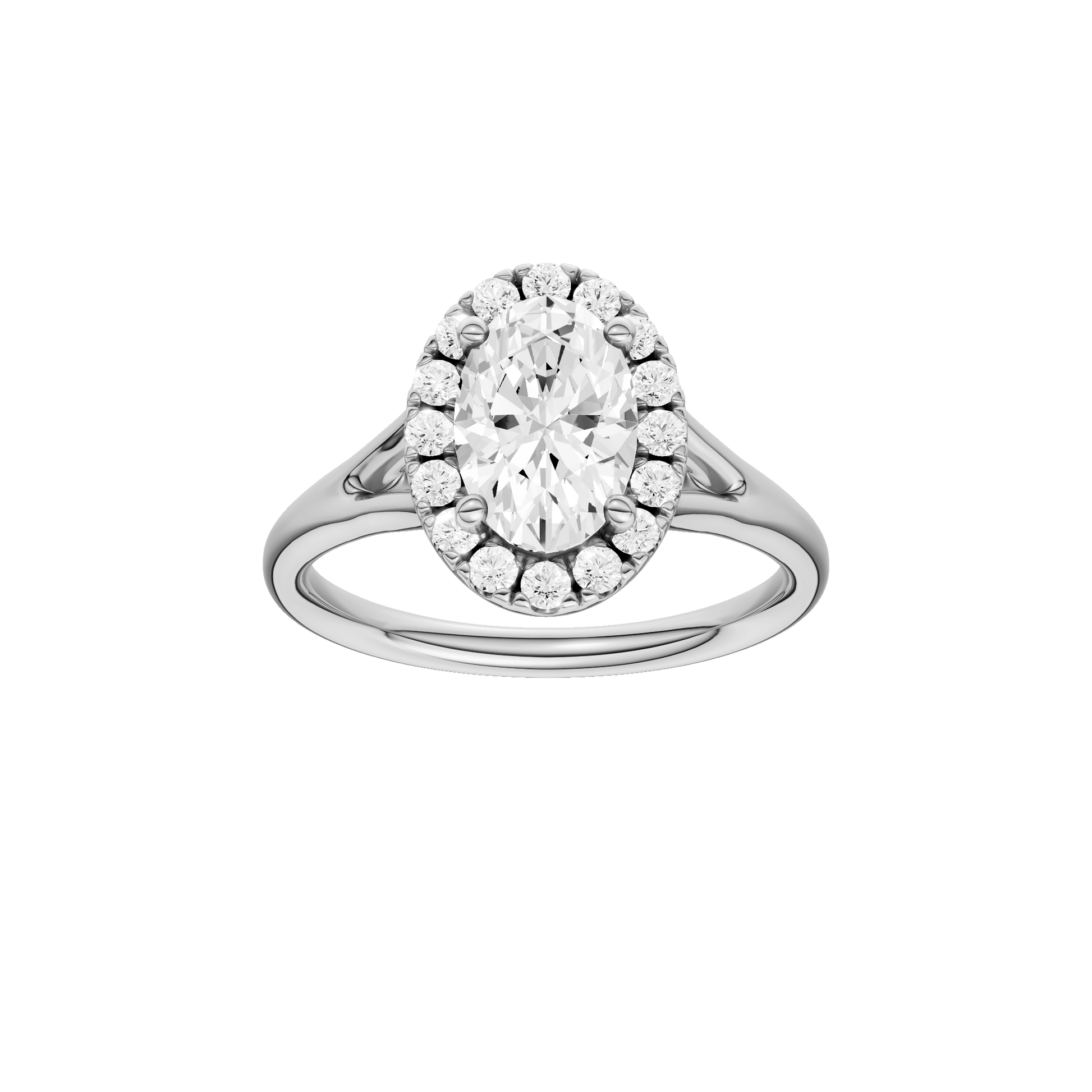 Oval-cut diamond engagement ring with a plain band and halo setting.