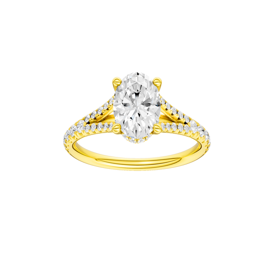 Oval-cut diamond engagement ring with a prong-set diamond band and hidden-halo setting.