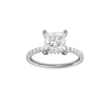 Princess-cut diamond engagement ring with a prong-set diamond band and hidden-halo setting.