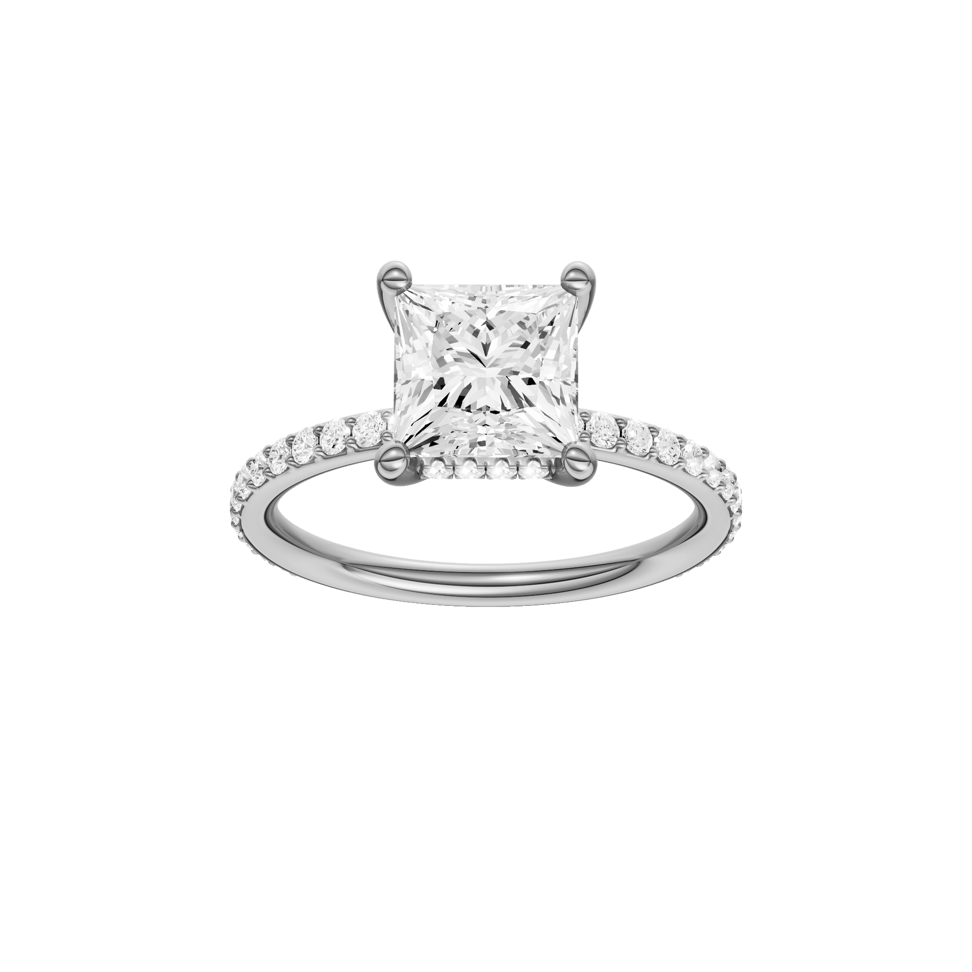 Princess-cut diamond engagement ring with a prong-set diamond band and hidden-halo setting.