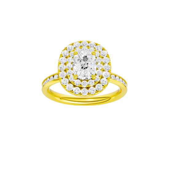 Elongated cushion-cut diamond engagement ring with a channel-set diamond band and double-halo setting.
