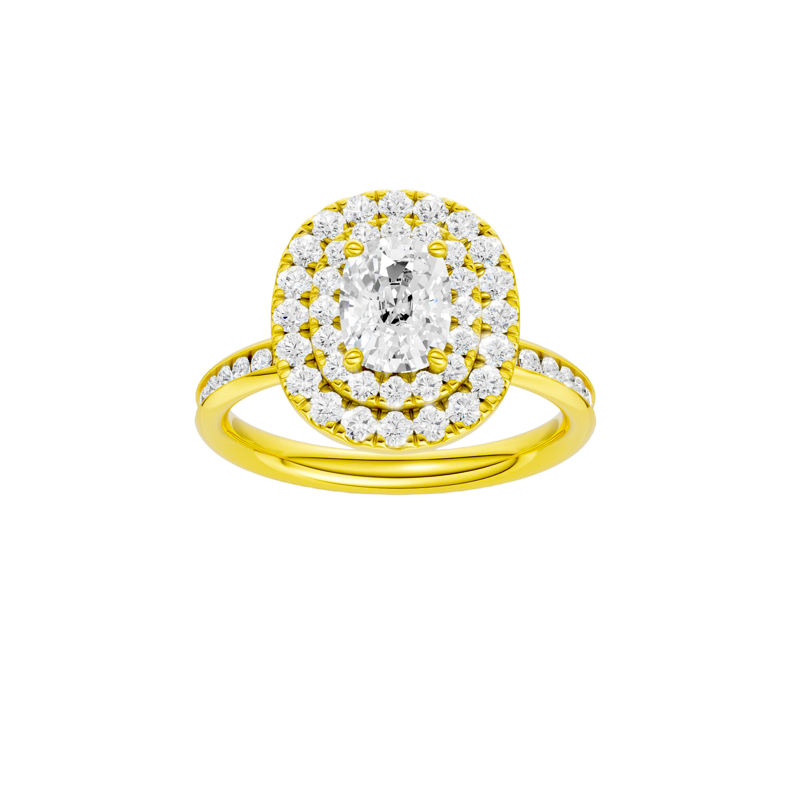 Elongated cushion-cut diamond engagement ring with a channel-set diamond band and double-halo setting.