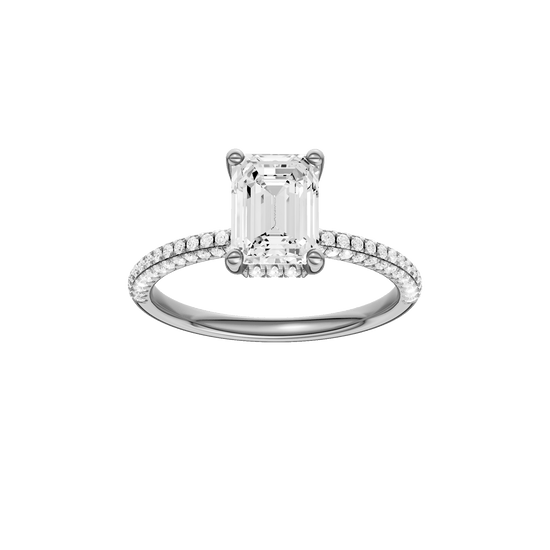 Emerald-cut diamond engagement ring with a pavé-set diamond band and hidden-halo setting.