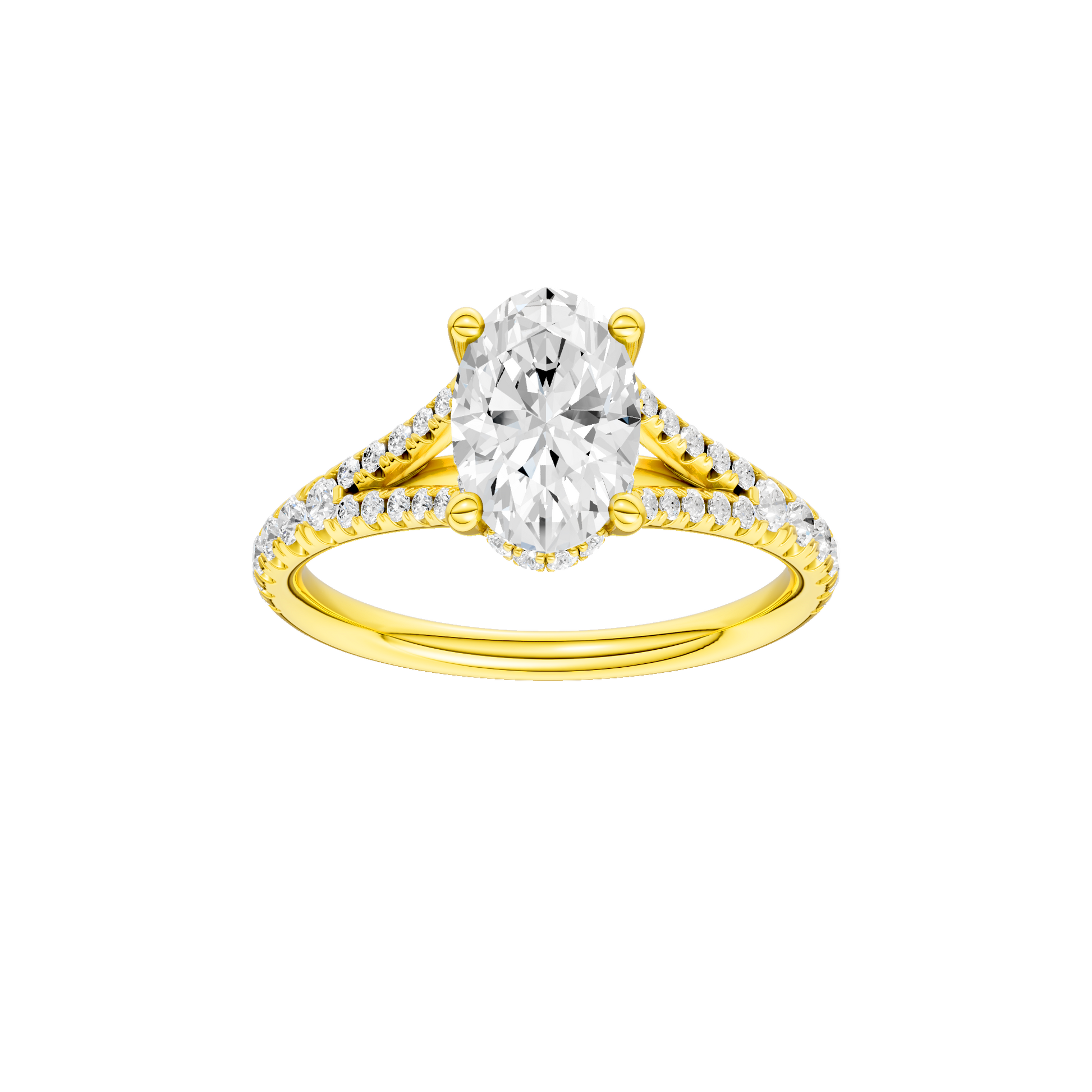 Oval-cut diamond engagement ring with a prong-set diamond band and hidden-halo setting.