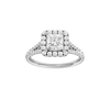 Princess-cut diamond engagement ring with a prong-set diamond band and halo setting.