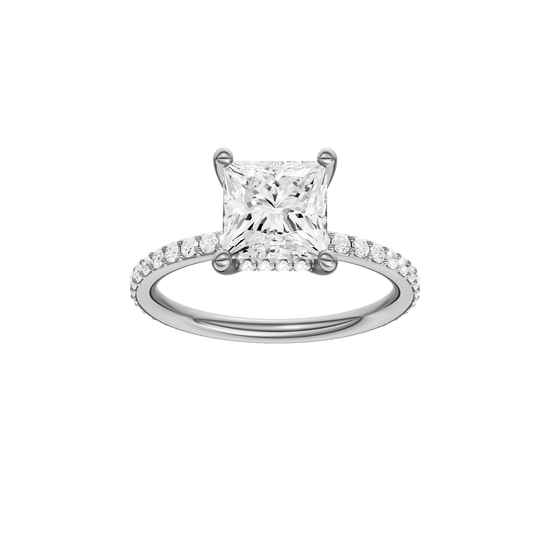 Princess-cut diamond engagement ring with a prong-set diamond band and hidden-halo setting.