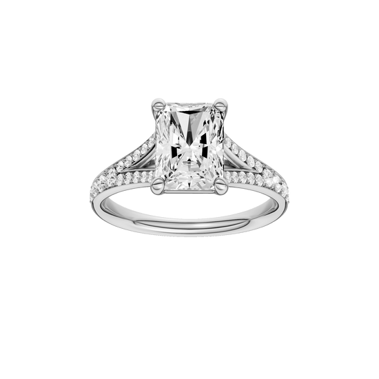 Radiant-cut diamond engagement ring with a channel-set diamond band and solitaire setting.