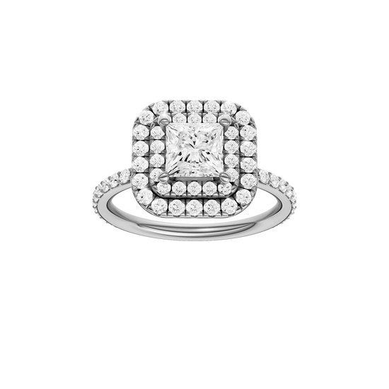 Princess-cut diamond engagement ring with a prong-set diamond band and double-halo setting.