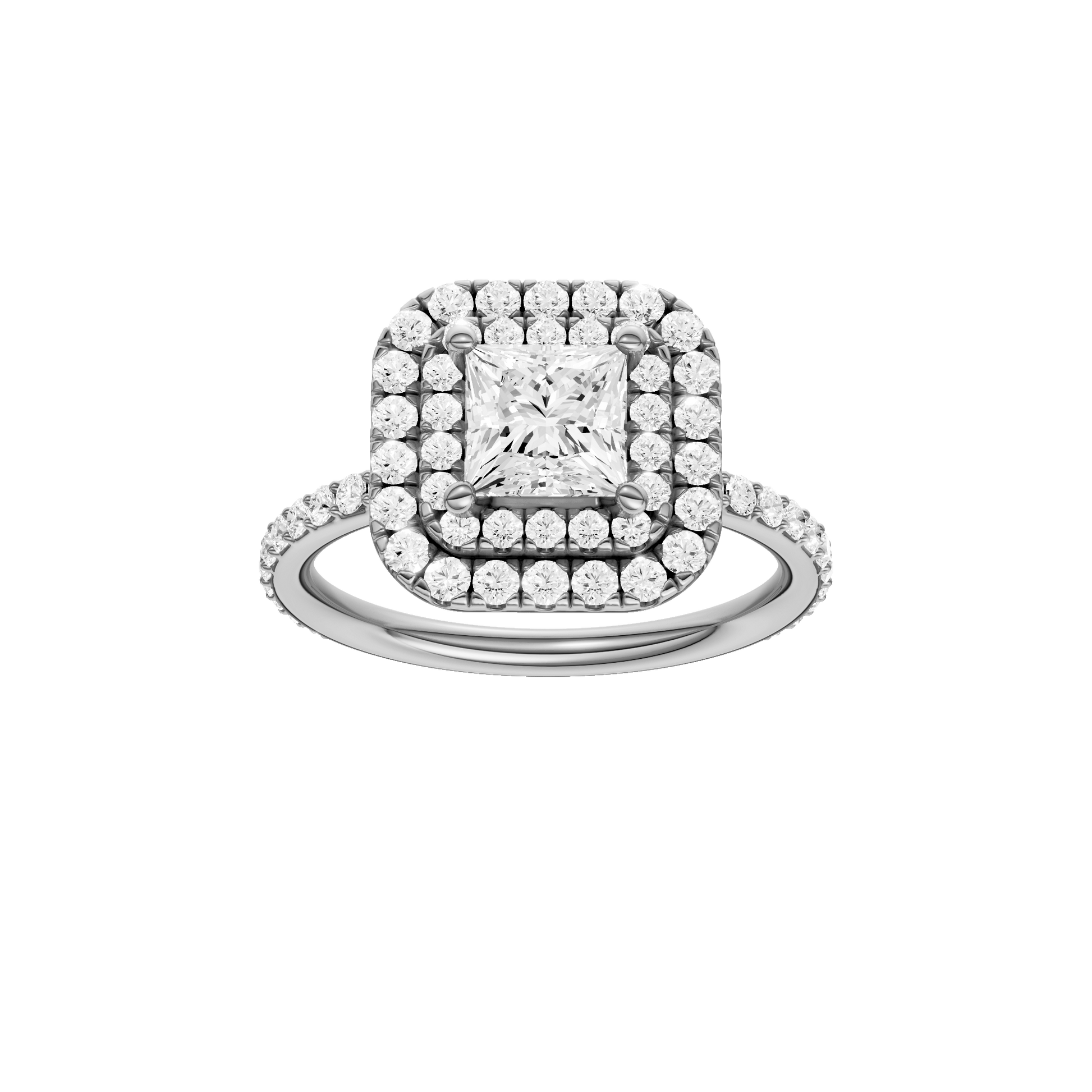 Princess-cut diamond engagement ring with a prong-set diamond band and double-halo setting.