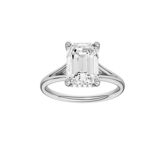Emerald-cut diamond engagement ring with a plain band and hidden-halo setting.