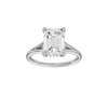 Emerald-cut diamond engagement ring with a plain band and hidden-halo setting.
