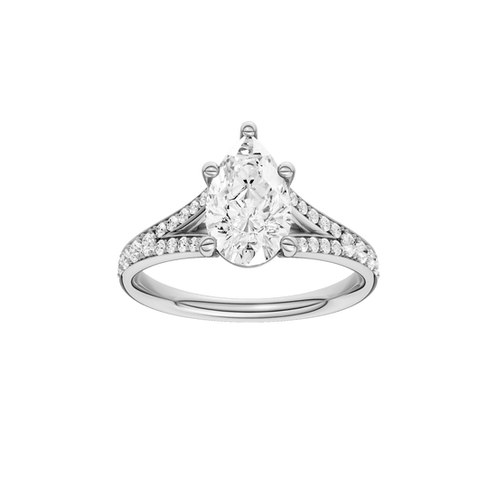 Pear-cut diamond engagement ring with a channel-set diamond band and solitaire setting.