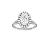 Oval-cut diamond engagement ring with a plain band and halo setting.