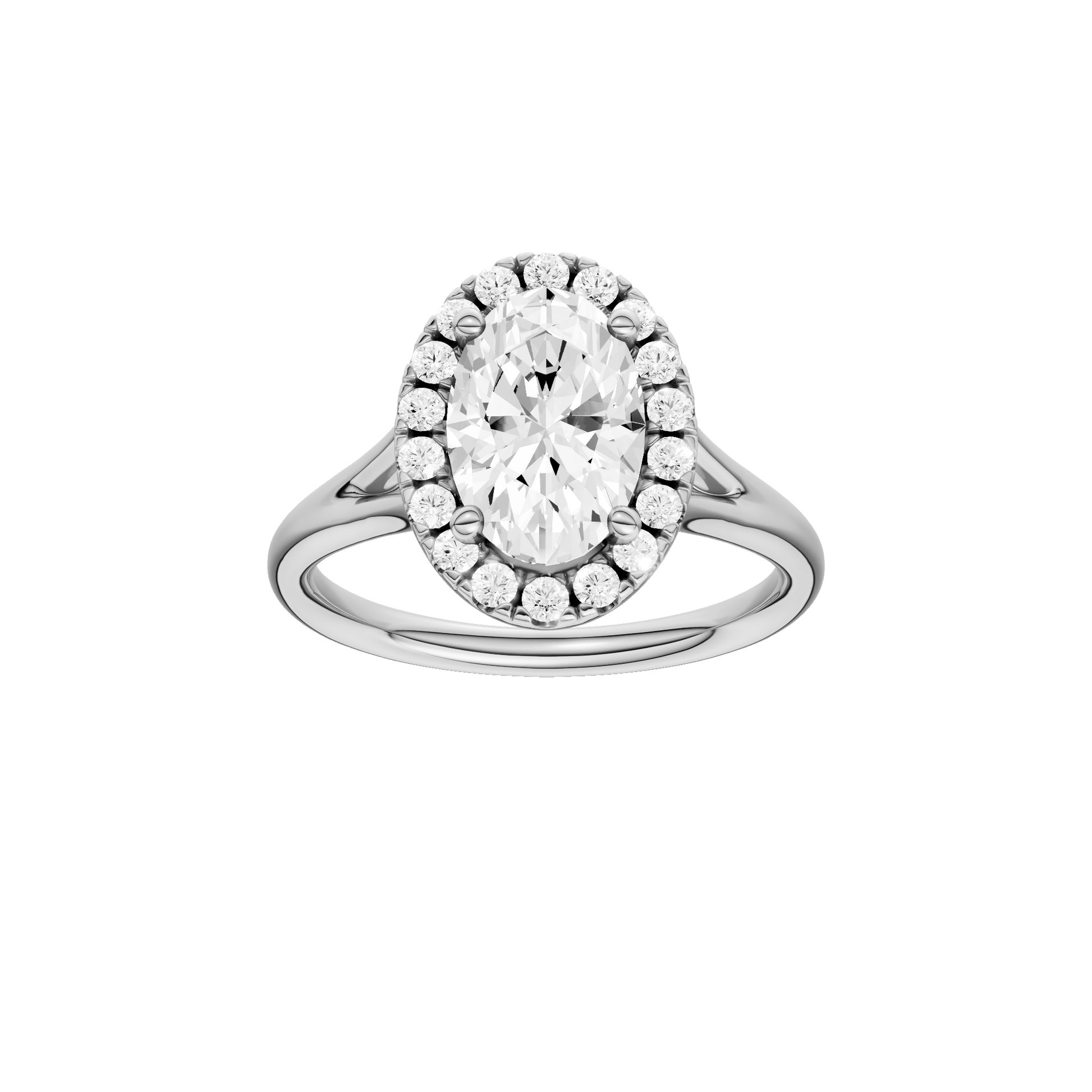 Oval-cut diamond engagement ring with a plain band and halo setting.