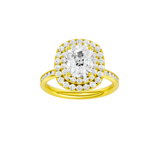 Elongated cushion-cut diamond engagement ring with a channel-set diamond band and double-halo setting.