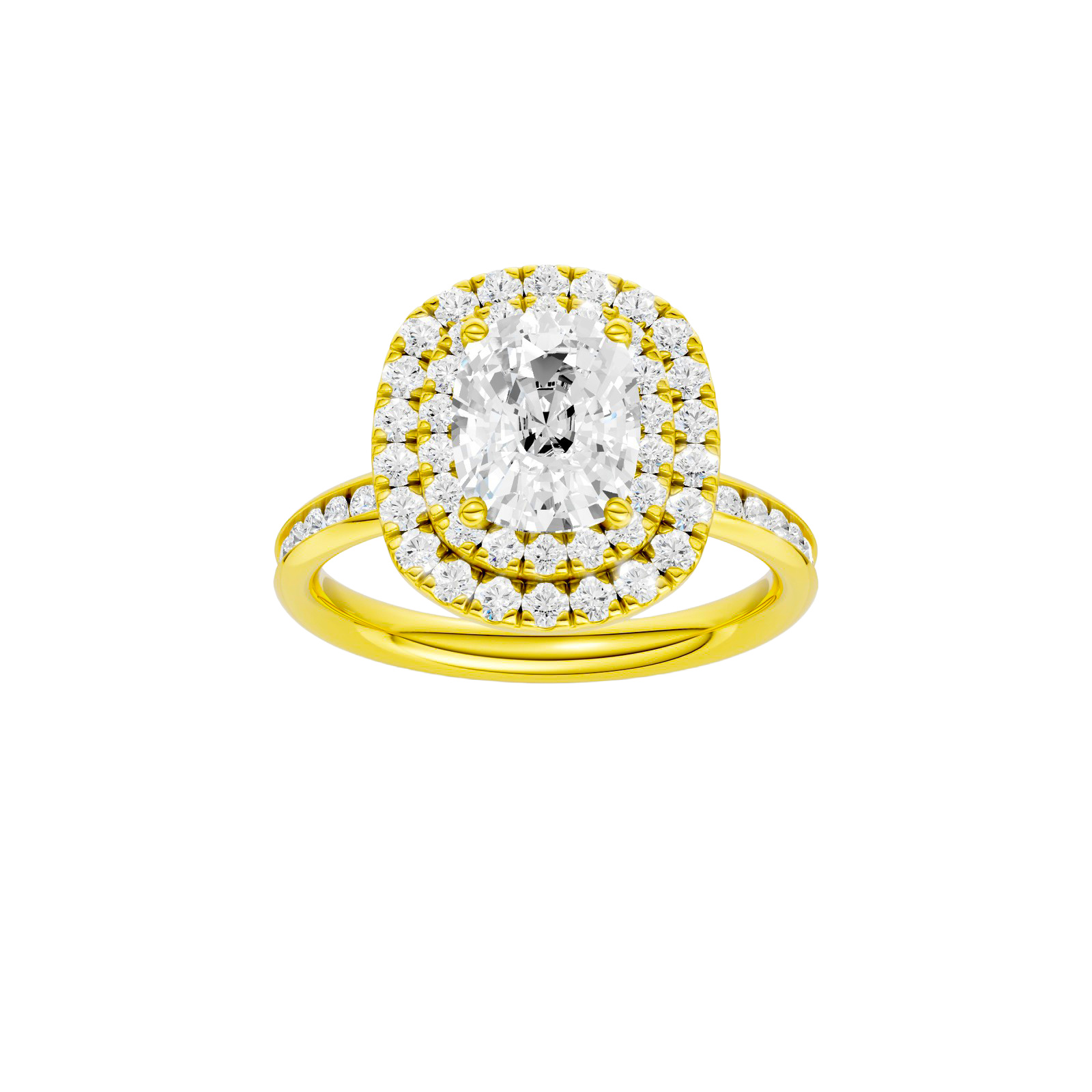 Elongated cushion-cut diamond engagement ring with a channel-set diamond band and double-halo setting.