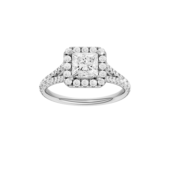 Princess-cut diamond engagement ring with a prong-set diamond band and halo setting.