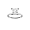 Princess-cut diamond engagement ring with a prong-set diamond band and hidden-halo setting.