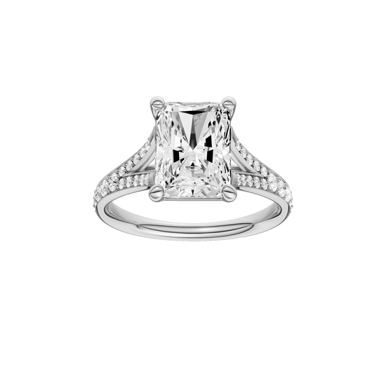 Radiant-cut diamond engagement ring with a channel-set diamond band and solitaire setting.