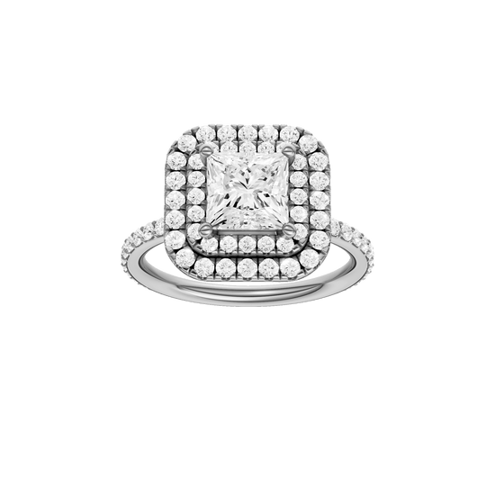 Princess-cut diamond engagement ring with a prong-set diamond band and double-halo setting.
