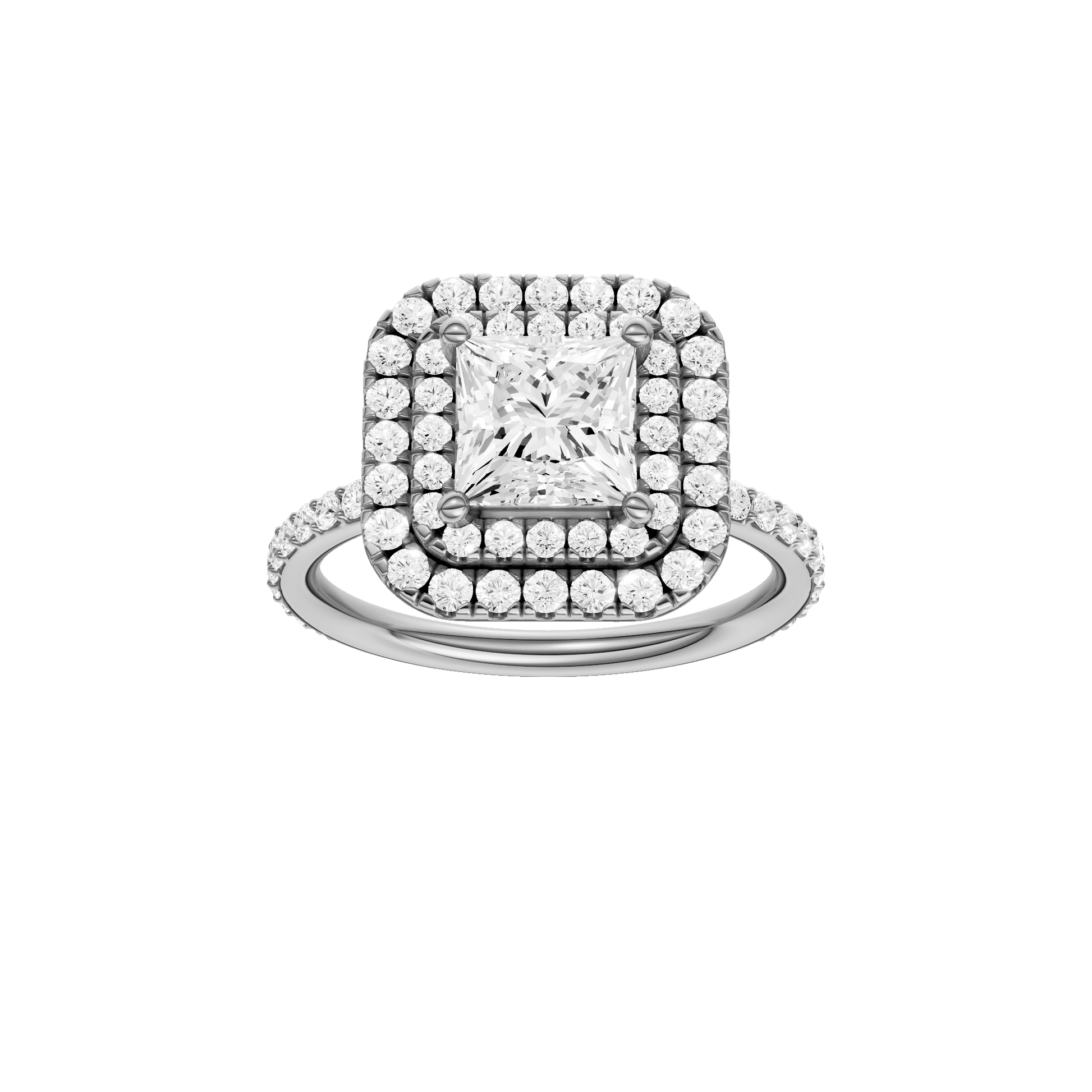 Princess-cut diamond engagement ring with a prong-set diamond band and double-halo setting.