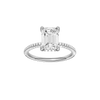 Emerald-cut diamond engagement ring with a pavé-set diamond band and hidden-halo setting.
