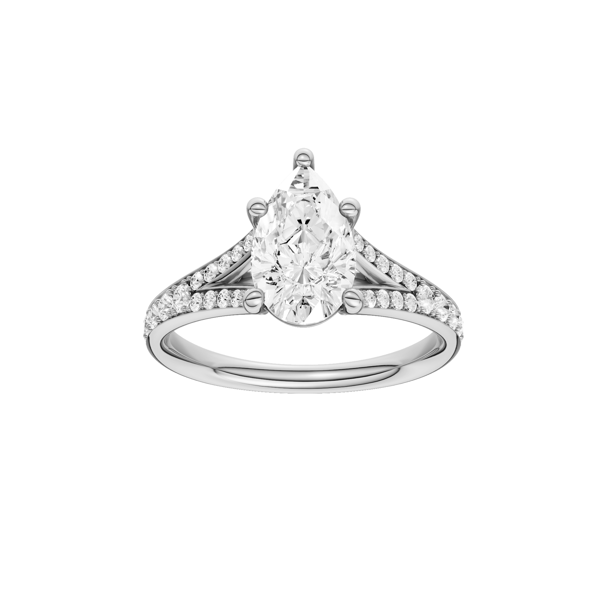 Pear-cut diamond engagement ring with a channel-set diamond band and solitaire setting.