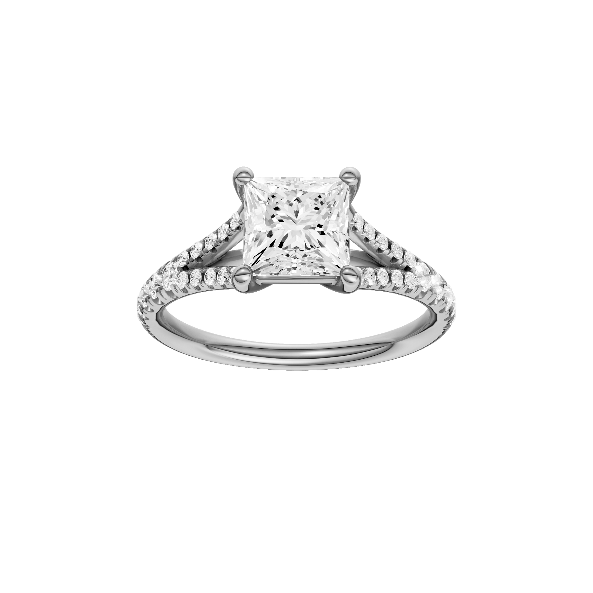 Emerald-cut diamond engagement ring with a prong-set diamond band and solitaire setting.