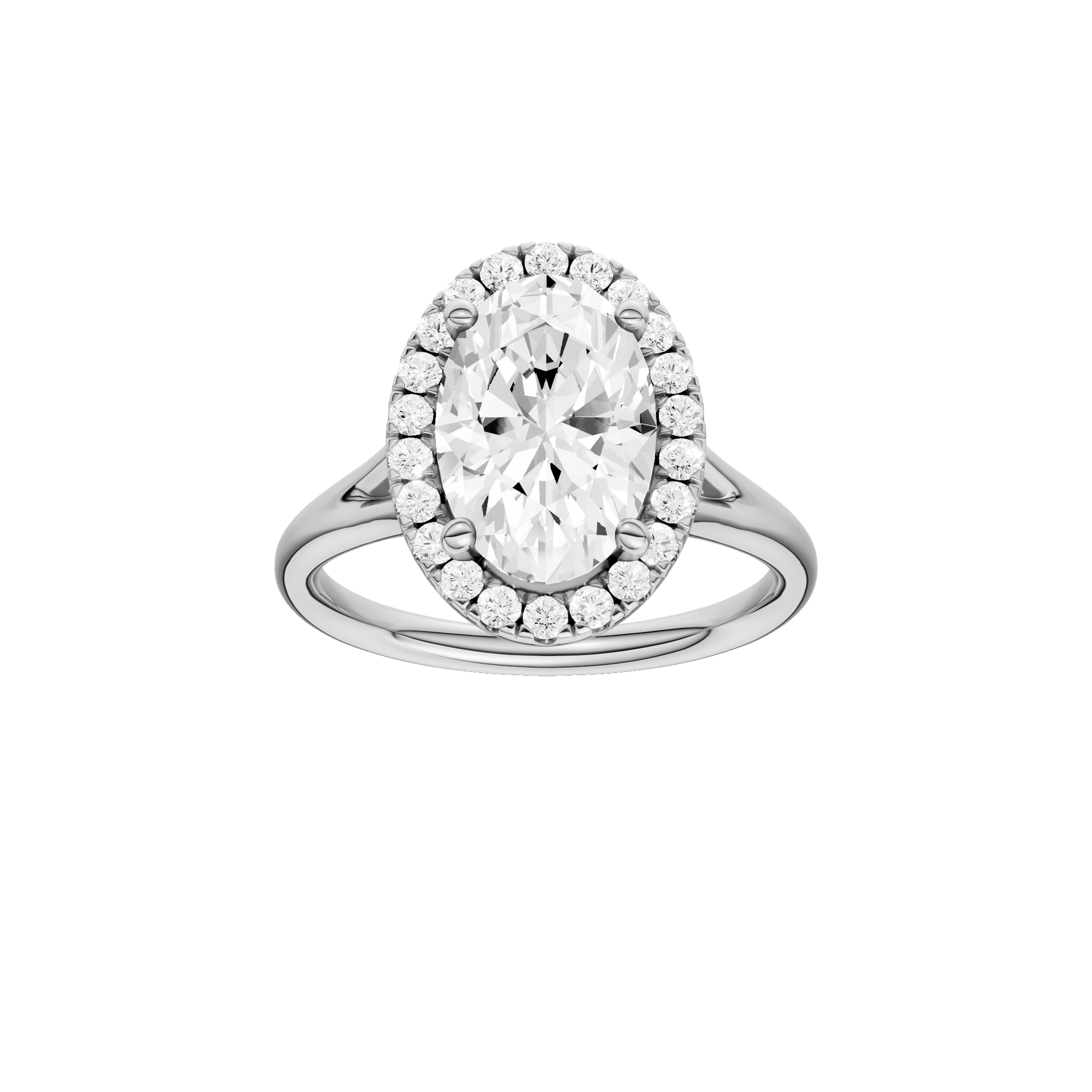 Oval-cut diamond engagement ring with a plain band and halo setting.