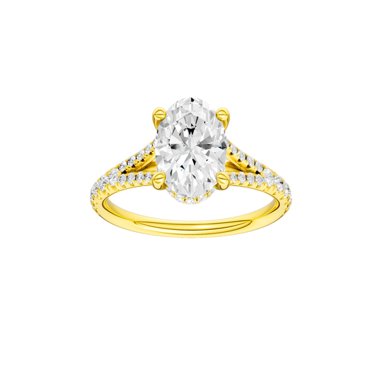 Oval-cut diamond engagement ring with a prong-set diamond band and hidden-halo setting.