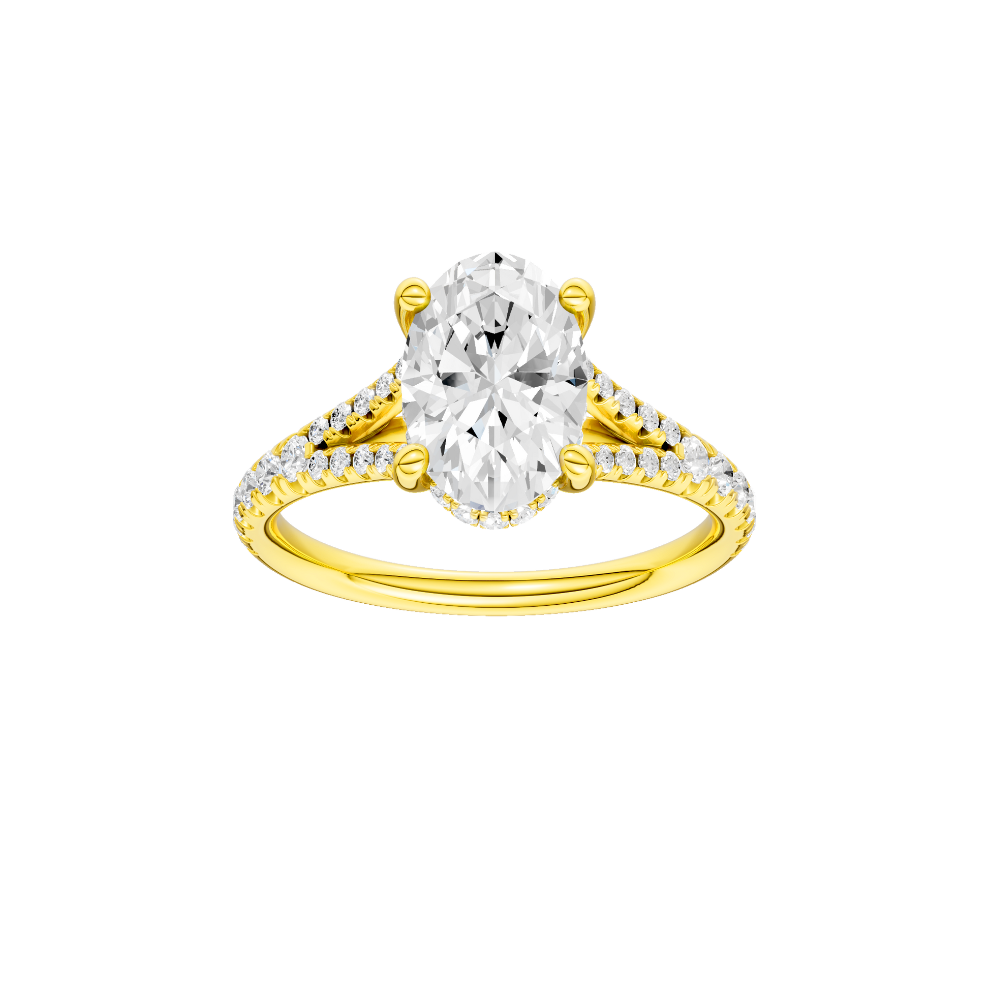 Oval-cut diamond engagement ring with a prong-set diamond band and hidden-halo setting.