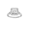 Princess-cut diamond engagement ring with a prong-set diamond band and halo setting.