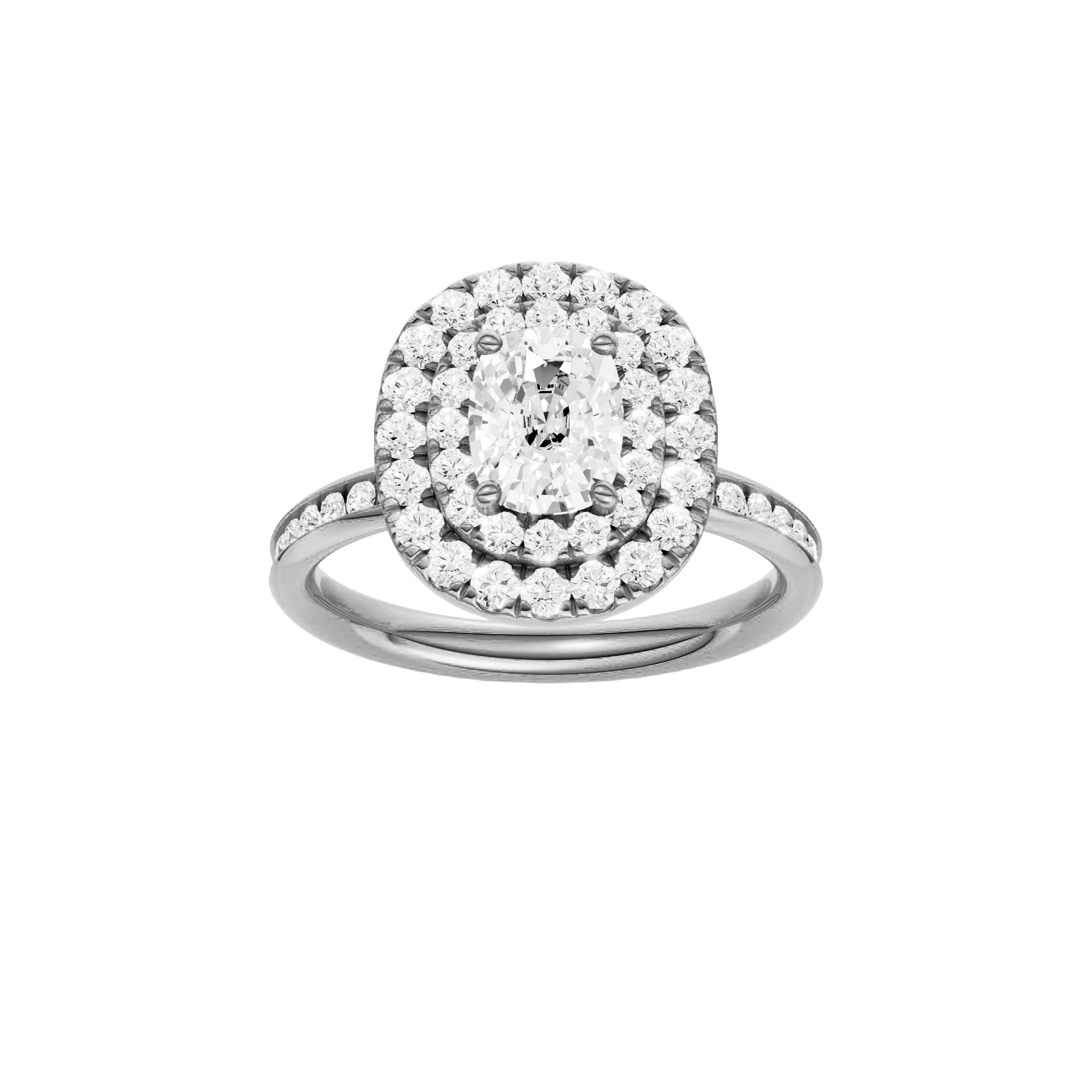 Elongated cushion-cut diamond engagement ring with a channel-set diamond band and double-halo setting.