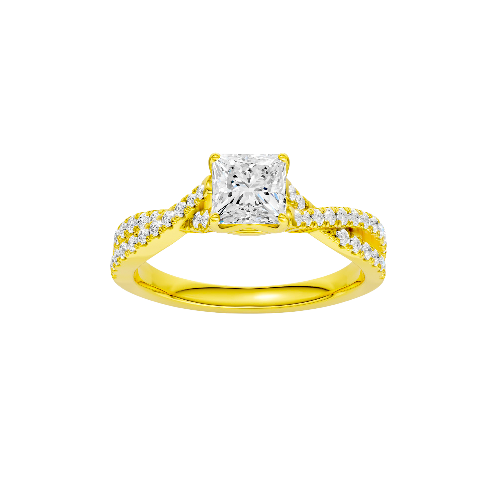 Princess-cut diamond engagement ring in 14k yellow gold with a prong-set diamond band and twist setting