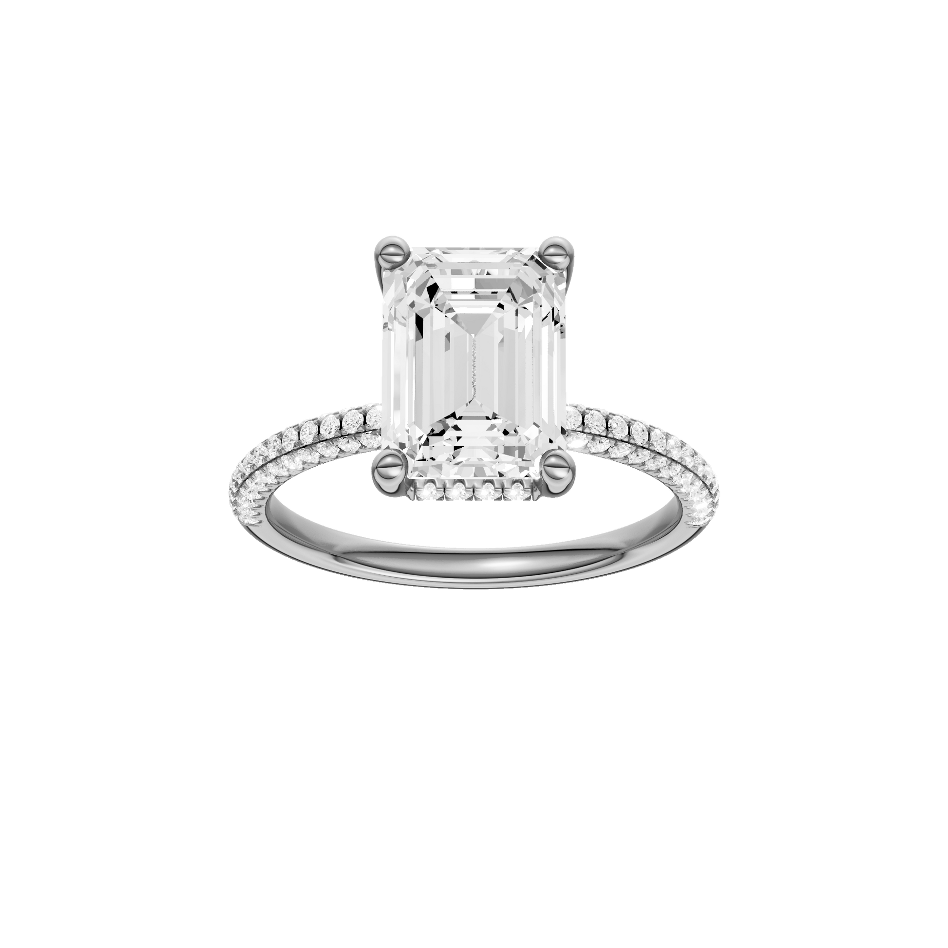 Emerald-cut diamond engagement ring with a pavé-set diamond band and hidden-halo setting.