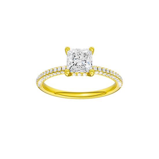 Princess-cut diamond engagement ring with a pavé-set diamond band and hidden-halo setting.