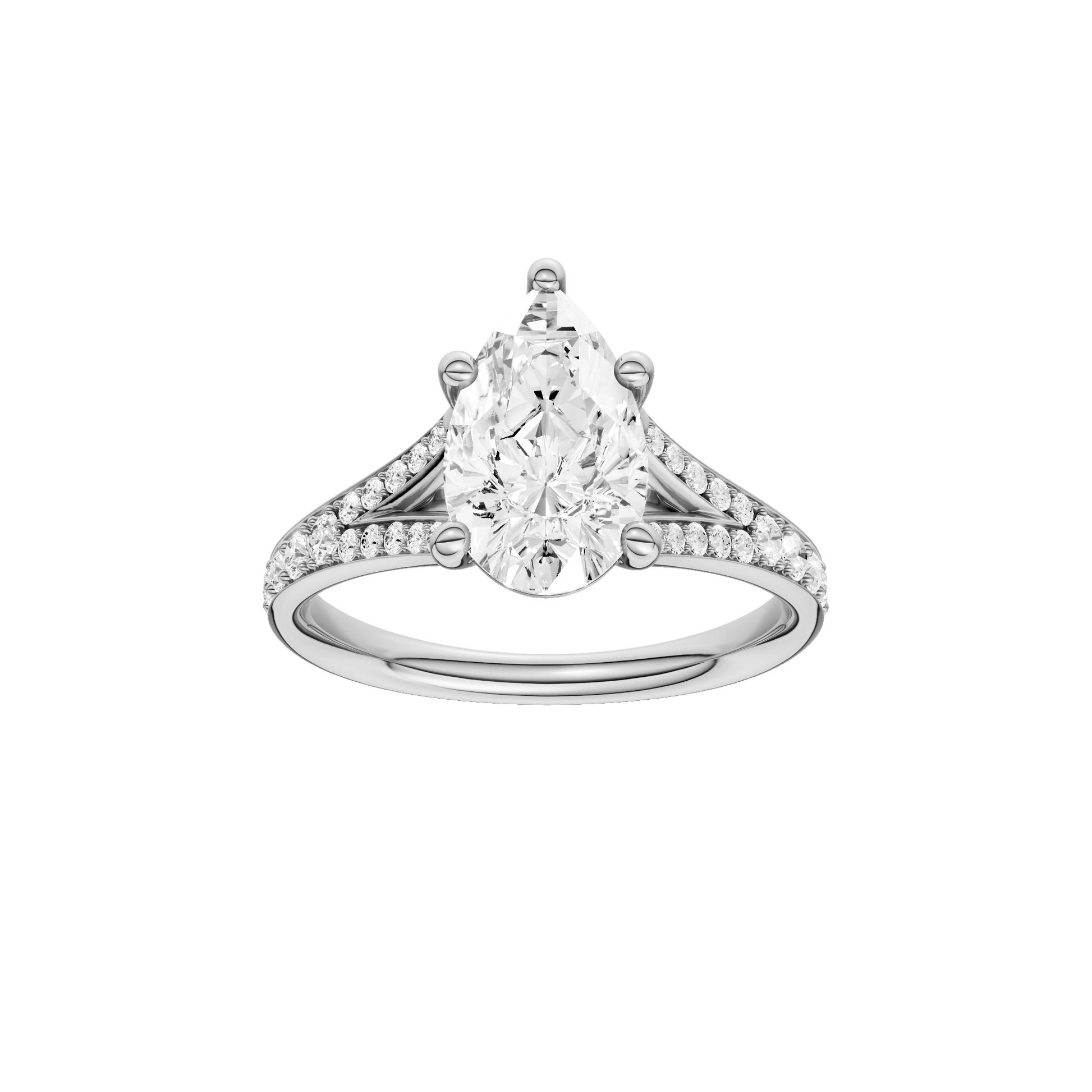 Pear-cut diamond engagement ring with a channel-set diamond band and solitaire setting.