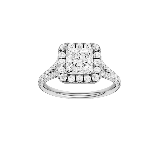 Princess-cut diamond engagement ring with a prong-set diamond band and halo setting.