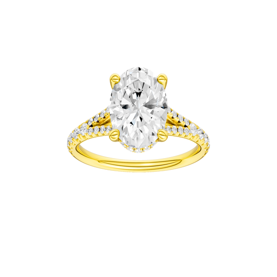 Oval-cut diamond engagement ring with a prong-set diamond band and hidden-halo setting.