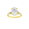 Oval-cut diamond engagement ring with a prong-set diamond band and hidden-halo setting.