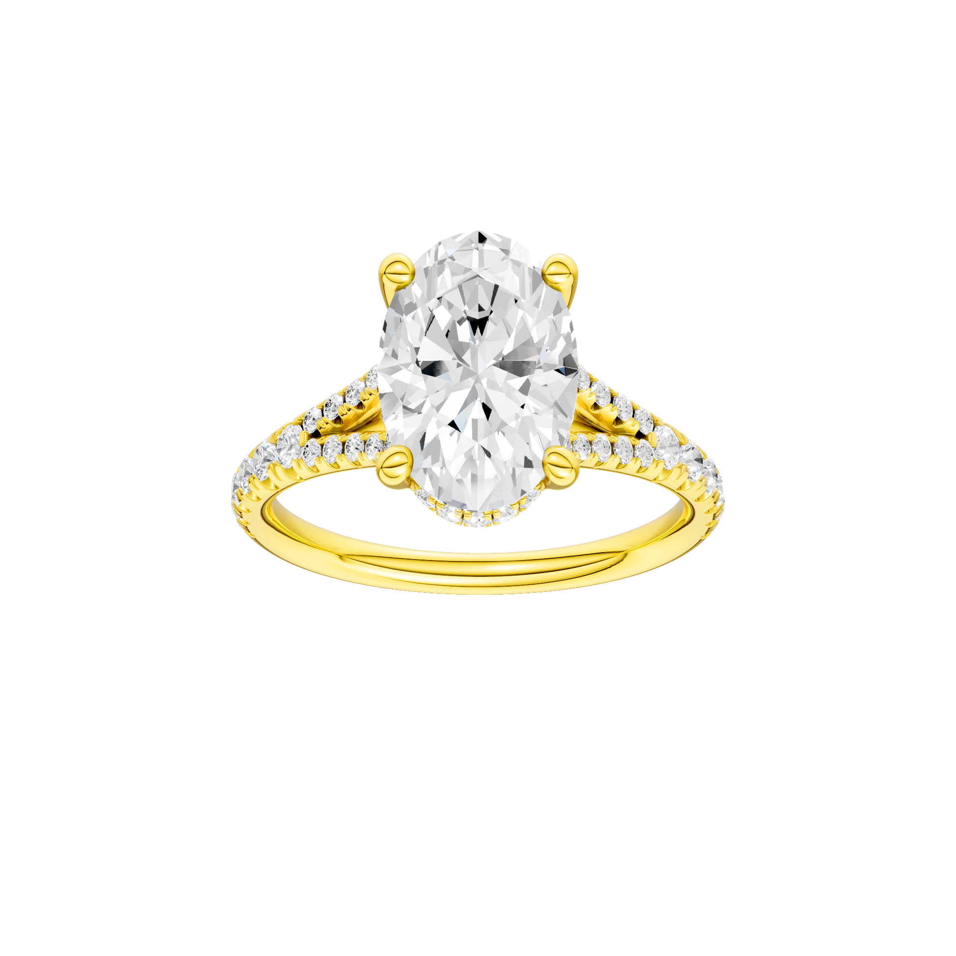Oval-cut diamond engagement ring with a prong-set diamond band and hidden-halo setting.