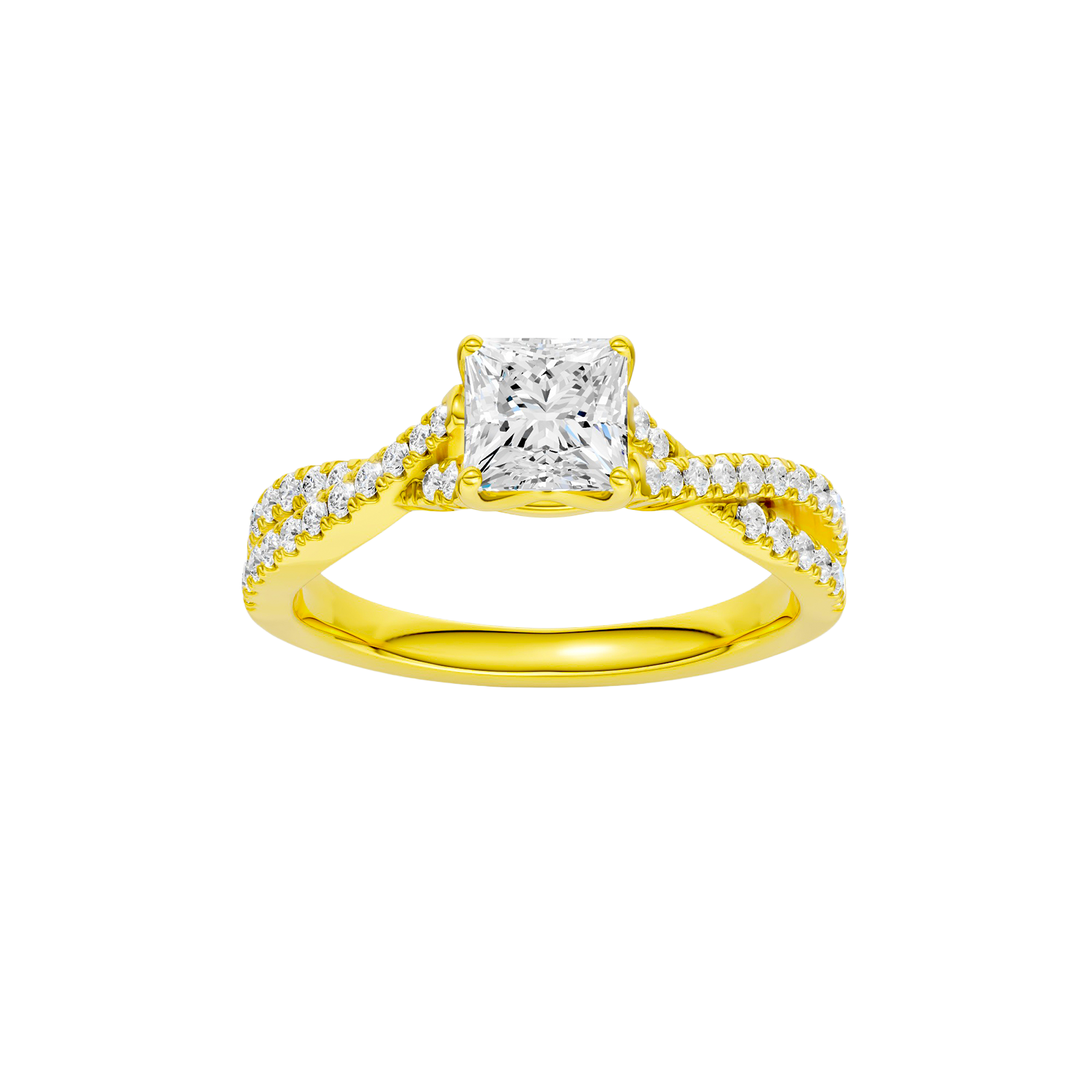 Princess-cut diamond engagement ring in 14k yellow gold with a prong-set diamond band and twist setting