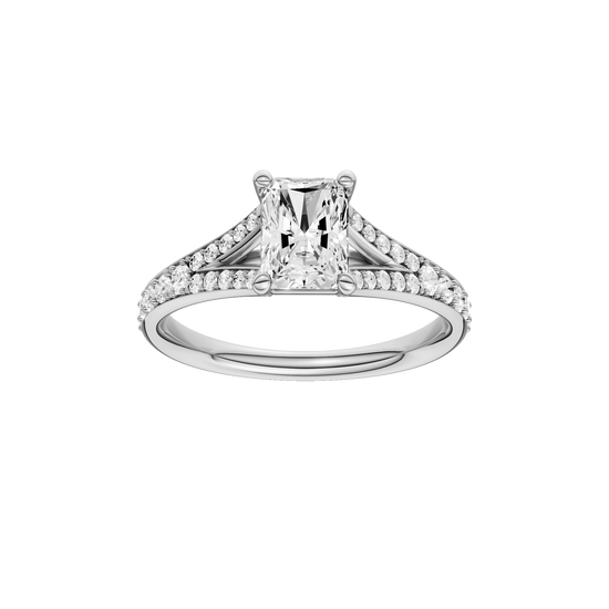 Radiant-cut diamond engagement ring with a channel-set diamond band and solitaire setting.