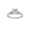 Radiant-cut diamond engagement ring with a channel-set diamond band and solitaire setting.
