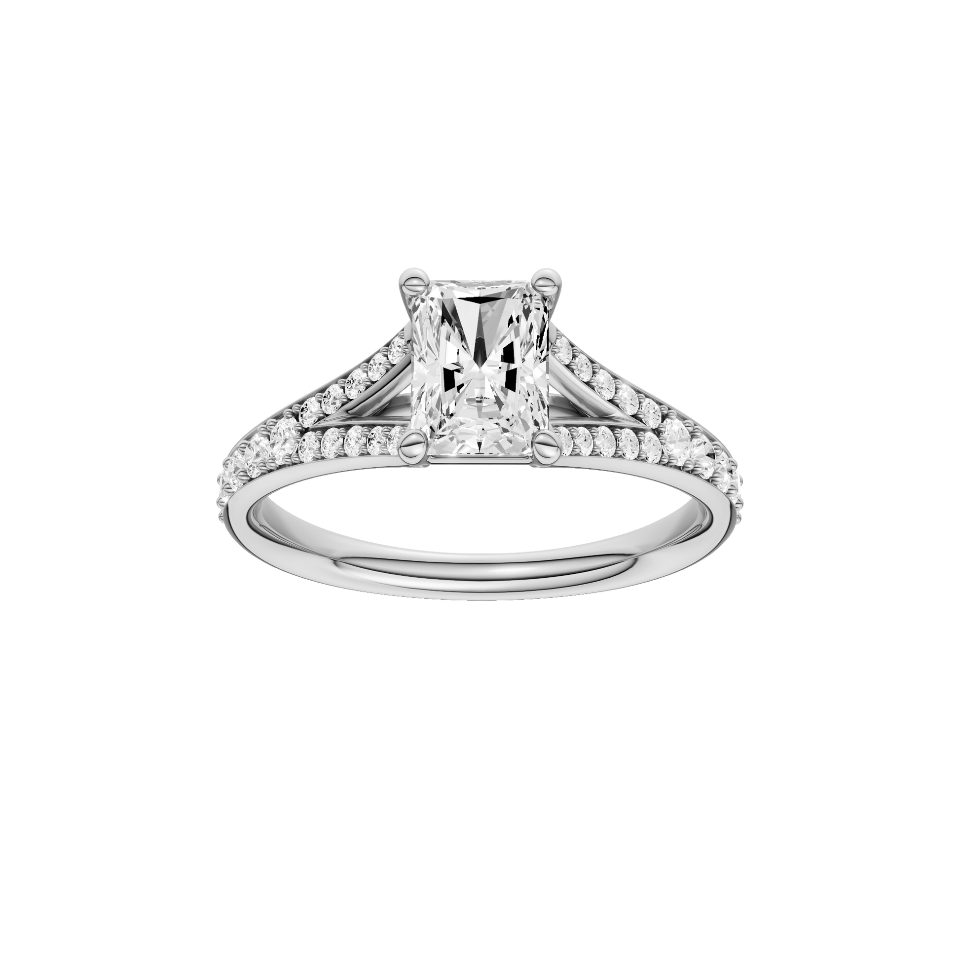 Radiant-cut diamond engagement ring with a channel-set diamond band and solitaire setting.