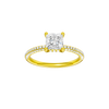 Princess-cut diamond engagement ring with a pavé-set diamond band and hidden-halo setting.