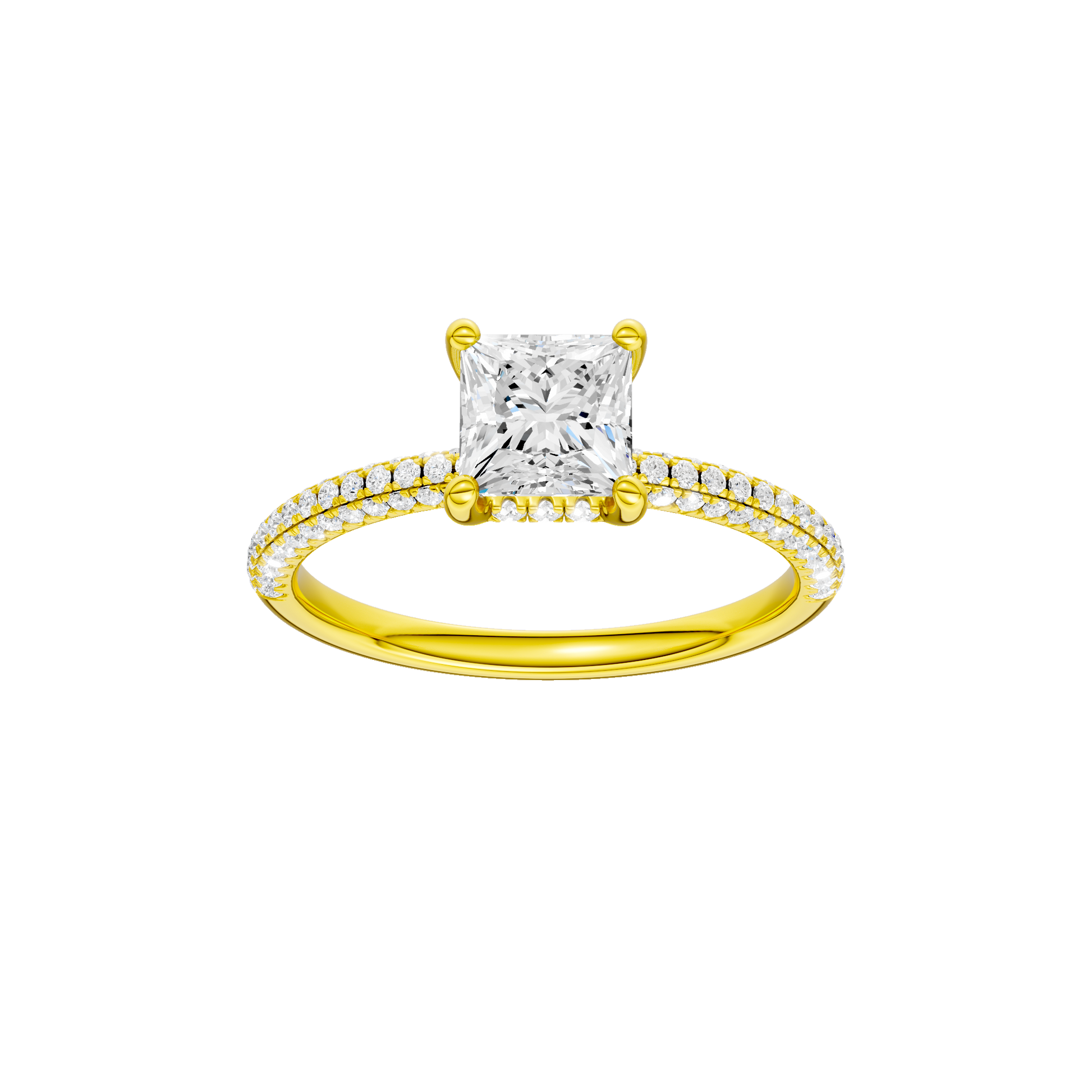 Princess-cut diamond engagement ring with a pavé-set diamond band and hidden-halo setting.
